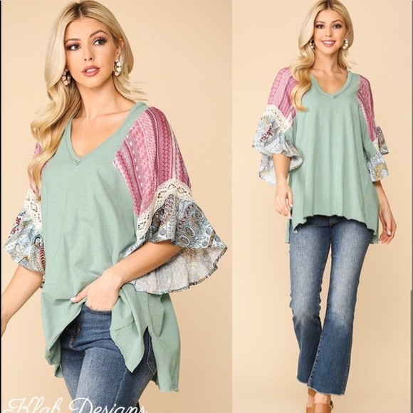 New! Sale 🔥  Beautiful V Neck Ruffled Patchwork Sleeve Top Soft - Picture 5 of 6